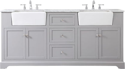 72" Pre-Assembled Bathroom Vanity with Sink, Solid Birch and MDF, Carrara White Marble Countertop Attached, Double Rectangle Porcelain Sink, 3 Soft-Close Drawers, Grey