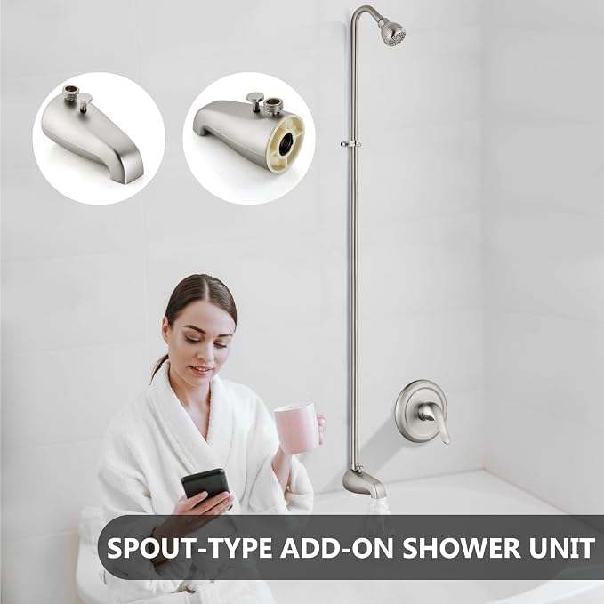 Tub Shower Conversion Kit with Riser and Shower Head, Brushed Nickel | 70-Inch SUS304 Shower Riser, 360° Swivel Head, Diverter Tub Spout, Wall Mount