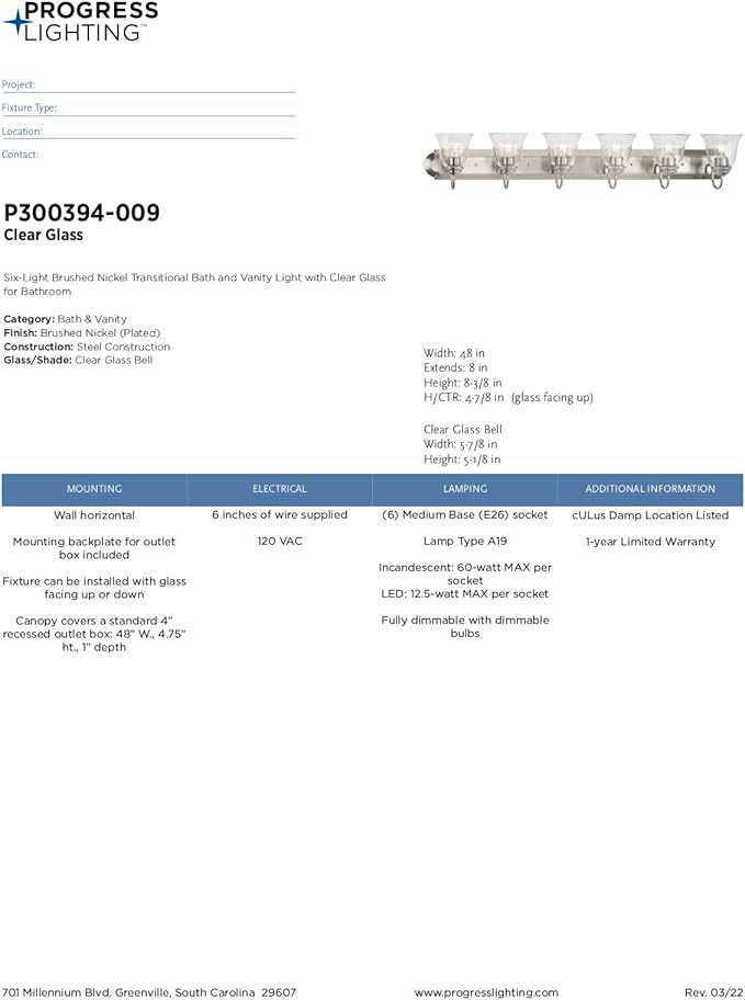 Progress Lighting Clear Glass 48 in. 6-Light Brushed Nickel Transitional Vanity Light with Clear Glass for Bathroom