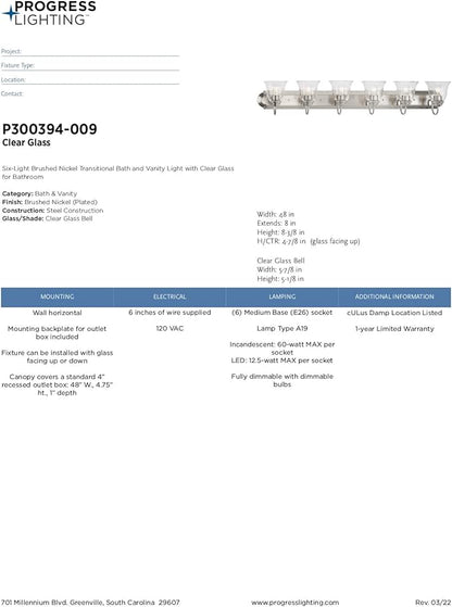 Progress Lighting Clear Glass 48 in. 6-Light Brushed Nickel Transitional Vanity Light with Clear Glass for Bathroom