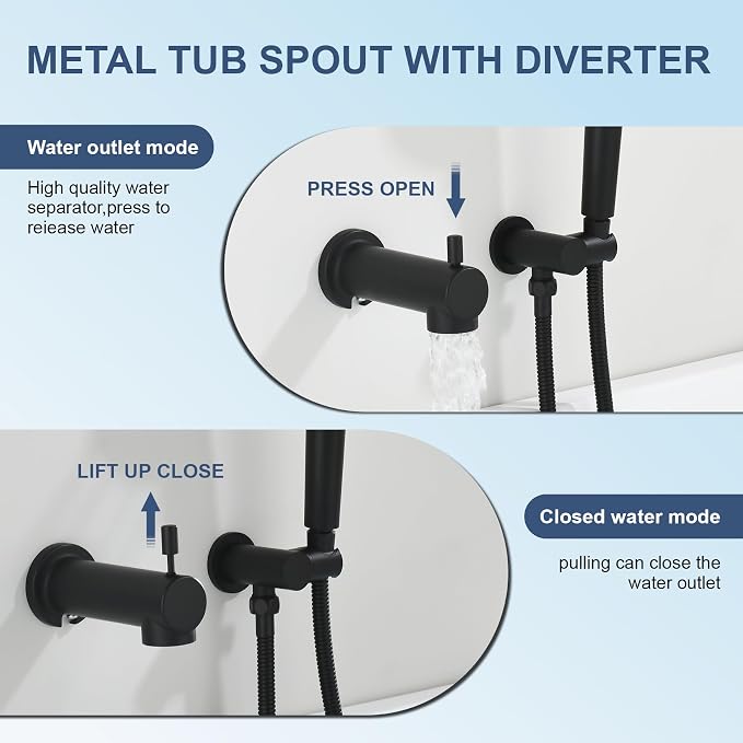 Taplong Black Bathtub Shower Faucet Set with slide bar Shower System with Tub Spout,8 Setting Handheld with ON/OFF Pause Switch, Tub Shower Faucet Kit for Bathroom-TP049B