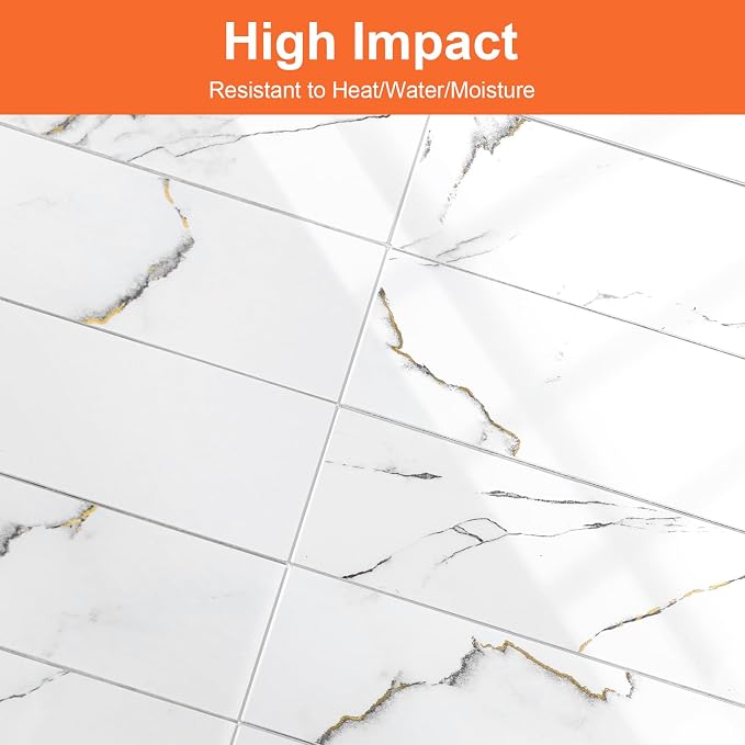 80-Piece Glossy Calacatta Gold Marble Thick PVC Peel and Stick Backsplash, 2" x 8" Waterproof Subway Tile Peel and Stick Wall Tiles for Kitchen and Bathroom