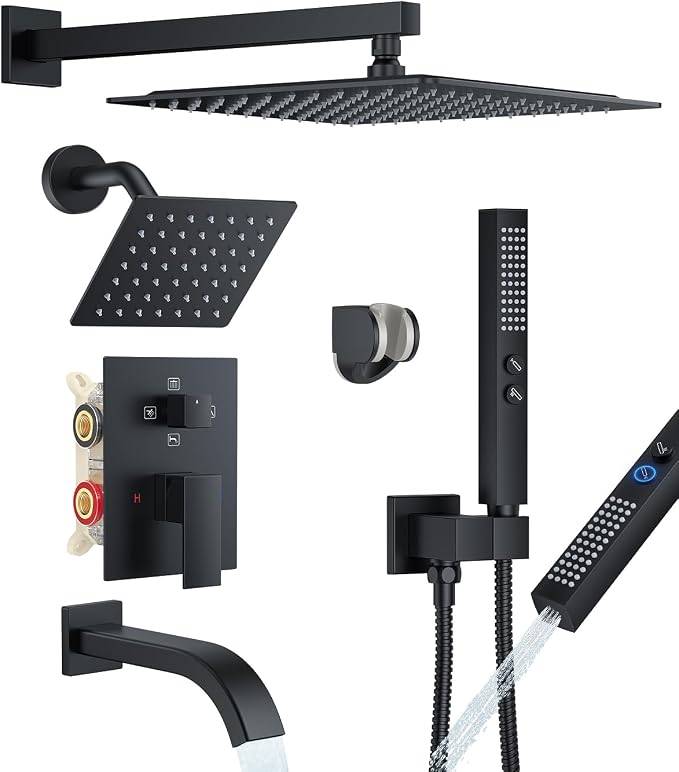 Rain Shower System with Rough-in Valve, Wall Mount Shower Faucet Set with 12" & 6" Dual Rain Shower Heads, 2-in-1 Handheld Shower, Tub Spout, 4-Function Complete Shower Fixture, Matte Black
