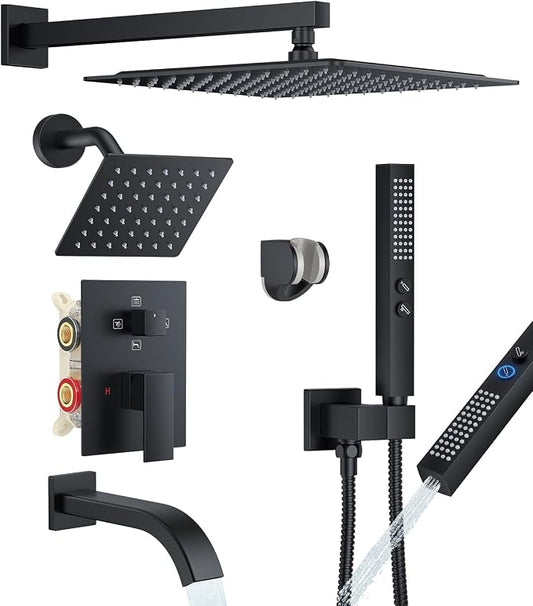 Rain Shower System with Rough-in Valve, Wall Mount Shower Faucet Set with 12" & 6" Dual Rain Shower Heads, 2-in-1 Handheld Shower, Tub Spout, 4-Function Complete Shower Fixture, Matte Black