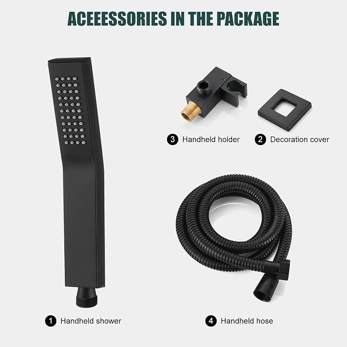 Heyalan Hand-held Shower Head Set-SUS304 Handheld Shower,Matte Black | SUS304 stainless steel wand, curved-style design, single rain spray, 59-inch long hose and standard 1/2-inch connection