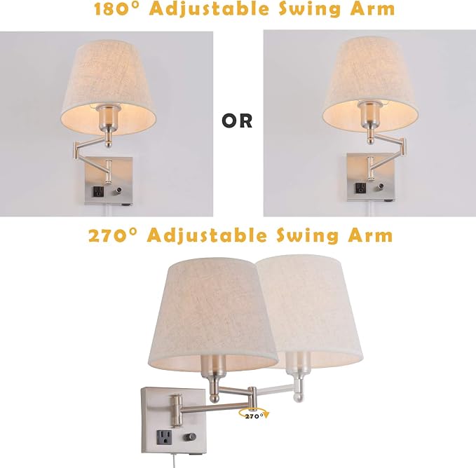 Bedside Wall Mount Light with Dimmable Switch and Outlet, Swing Arm Fabric Shade Wall Sconce Light with USB Port and Plug in Cord, Satin Nickel Wall Lamp for Bedroom, Living Room and Hotel