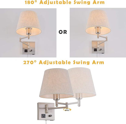 Bedside Wall Mount Light with Dimmable Switch and Outlet, Swing Arm Fabric Shade Wall Sconce Light with USB Port and Plug in Cord, Satin Nickel Wall Lamp for Bedroom, Living Room and Hotel
