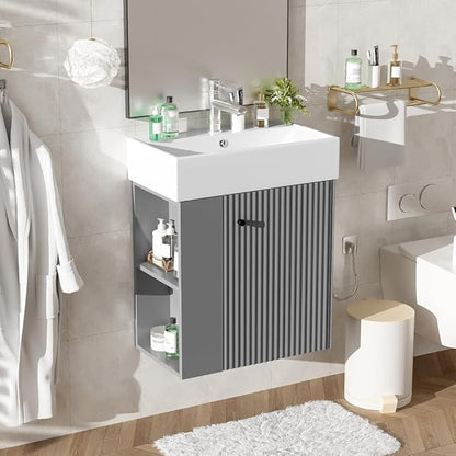 22" Small Bathroom Vanity with Sink, Floating Vanity for Bathrooms with Soft-Close Door and Open Shelf, Wall Mounted Narrow Bathroom Vanities for Compact Bathrooms (Gray,22" Floating Left Shelf)