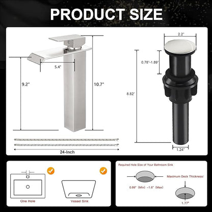 Brushed Nickel Bathroom Vessel Sink Faucet, Waterfall Faucet, Vessel Faucet, Tall Body High 1 Hole Single Handle with Pop Up Drain Combo Vanity Mixer Tap Commercial Basin Bowl Sink Silver