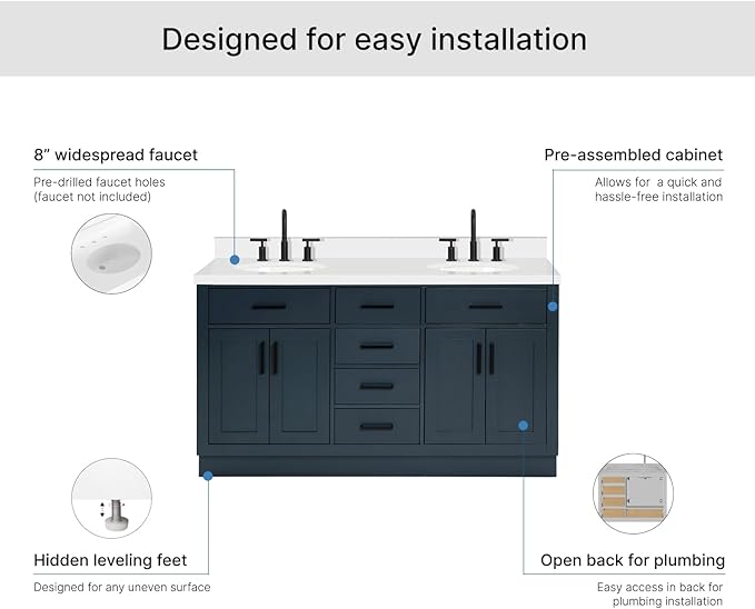 ARIEL Hepburn 60-inch Bathroom Vanity with Sink,Solid Wood, 1.5-inch Pure White Quartz Countertop & Backsplash, Double Oval Porcelain Sink, 4 Soft Closing Doors, 6 Dovetail Drawers, Midnight Blue