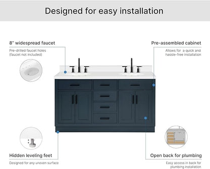 ARIEL Hepburn 60-inch Bathroom Vanity with Sink,Solid Wood, 1.5-inch Pure White Quartz Countertop & Backsplash, Double Oval Porcelain Sink, 4 Soft Closing Doors, 6 Dovetail Drawers, Midnight Blue