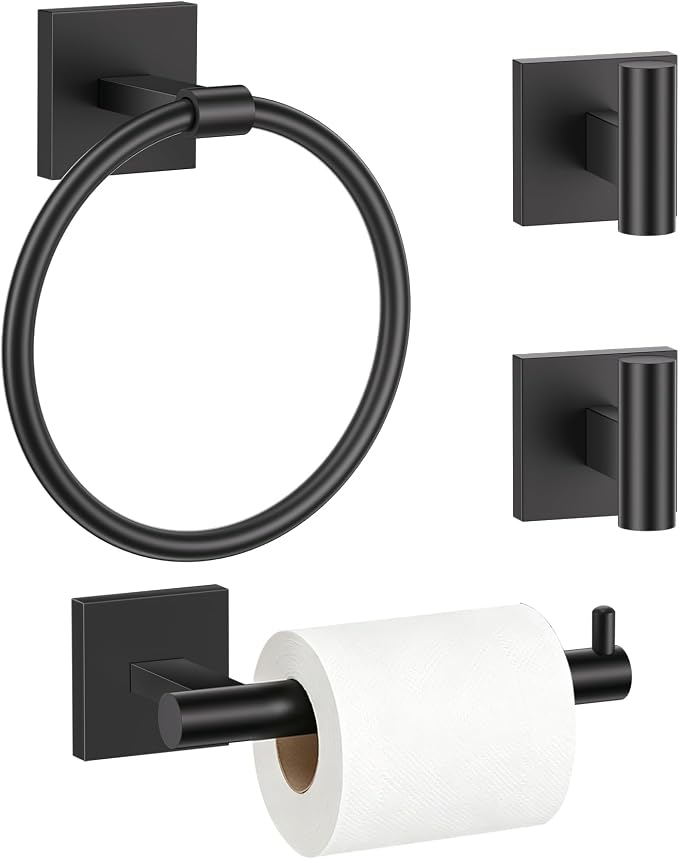 TURS Black 4-Pieces Towel Ring Set Include Towel Ring Toilet Paper Holder Towel Hook SUS304 Stainless Steel Bathroom Accessories Kit Wall Mounted