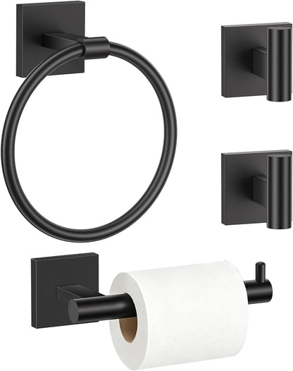 TURS Black 4-Pieces Towel Ring Set Include Towel Ring Toilet Paper Holder Towel Hook SUS304 Stainless Steel Bathroom Accessories Kit Wall Mounted
