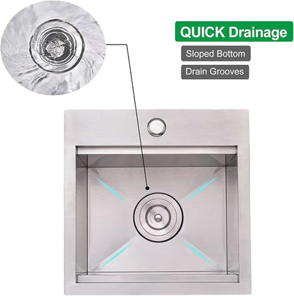 Bar Sink, 15 x 15 Inch Bar Sink Drop In, Stainless Steel Square Topmount Workstation Small Kitchen Sink, Single Bowl Kitchen Sink for Office Laundry Wet Bar Prep RV Outdoor Yard
