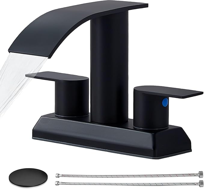 IKEBANA Modern 2 Handle Waterfall Bathroom Faucet, Matte Black, Stainless Steel, Lead-Free, 4 inches Centerset, Includes Pop Up Drain and Supply Hoses