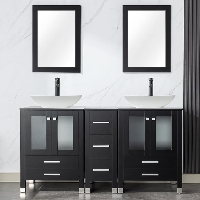 LUCKWIND 60" Double 24" Bathroom Vanity with Sink Combo, Elegant Series with One 12.6-in Side Cabinet, Painted Frame, Including Curved Rectangle Sinks, Faucets Without Mirrors, Black