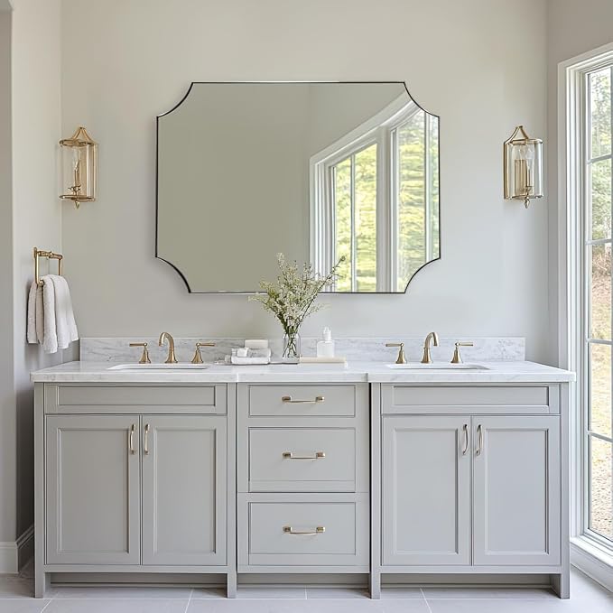 30x40 Inch Chrome Mirror, Scalloped Bathroom Mirror, Polished Chrome Framed Mirror in Anti-Rust Stainless Steel Metal Thin Frame Deep 1’’, Large Wall-Mounted Mirror (Horizontal/Vertical)