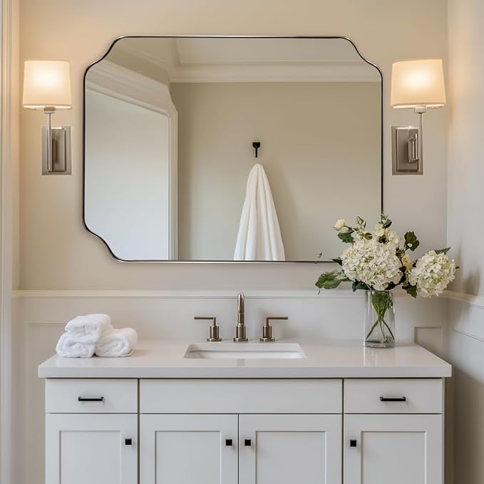 Brushed Nickel Mirror 30x40 Inch, Rectangle Bathroom Mirror for Wall, Large Scalloped Wall Mirror in Anti-Rust Stainless Steel Metal 1’’ Frame, Wall Mounts Horizontally or Vertically