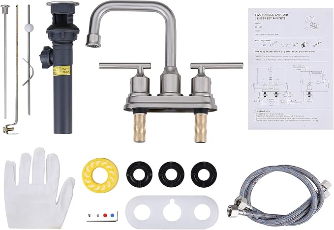 WOWOW Centerset Bathroom Faucet Brushed Nickel: 4 Inch Bathroom Sink Faucets with Lift Rod Drain Assembly Vanity Faucet 2 Handle High Arc Taps Modern