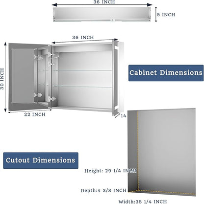 ExBrite LED Lighted Bathroom Medicine Cabinet with Mirror, 36 x 30 Inch,Recessed or Surface Mount,Anti-Fog, Stepless Dimming,Color Temperature Change,Built-in 6000K Sensor Light,Storage Shelves