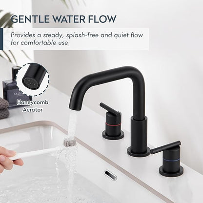 Black Bathroom Faucet 3 Hole, Widespread 8-Inch Bathroom Sink Vanity Utility Sink Faucet for with Full-Metal Pop-Up Drain, Matte Black