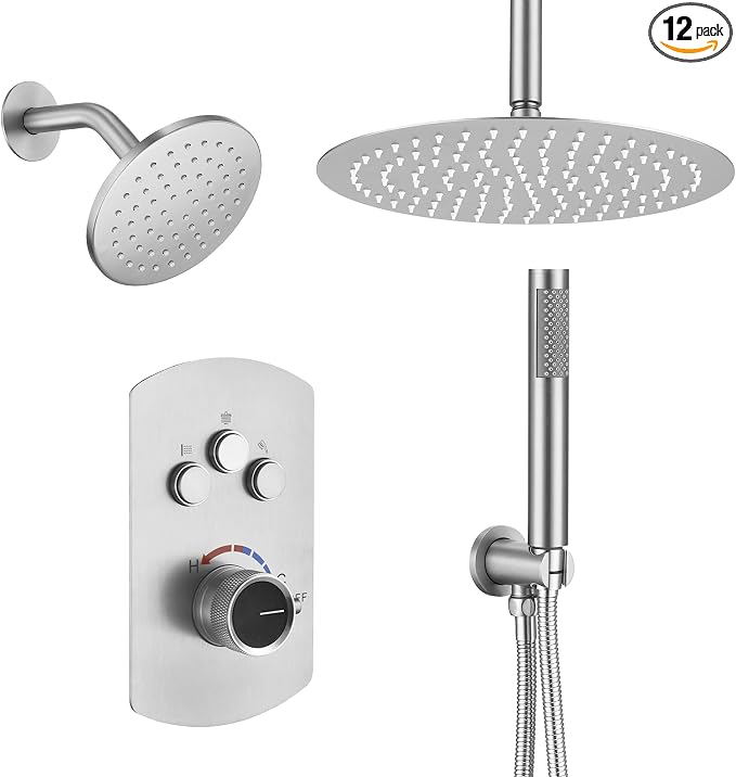 MONDAWE 12 Inch Ceiling Mounted Shower System in Brushed Nickel, 3-Function Shower Faucet Set with Rainfall Dual Shower Head and High Pressure Handheld Spray, All Function Can be Used At the Same Time