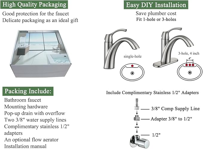 Brushed Nickel 1-Handle Single Hole Bathroom Faucet, 3-Hole Deck Plate, Pop-Up Drain and Water Supply Lines Included, TAF206-BN
