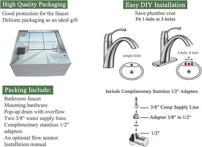 Brushed Nickel 1-Handle Single Hole Bathroom Faucet, 3-Hole Deck Plate, Pop-Up Drain and Water Supply Lines Included, TAF206-BN