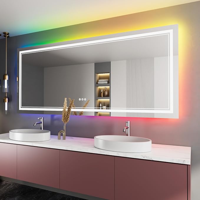 88x38 Inch RGB LED Bathroom Mirror with Lights | Front and RGB Backlit, Dimmable, Memory, Anti Fog, Shatterproof, Horizontal/Vertical, Lighted Mirrors for Bathroom Wall