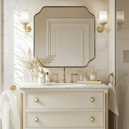 30"x30" Square Bathroom Mirror, Brushed Gold Scalloped Mirror for Wall, Antique Brass Mirror with Designer-Crafted Rounded Notched Corners, Ideal for Home Remodel