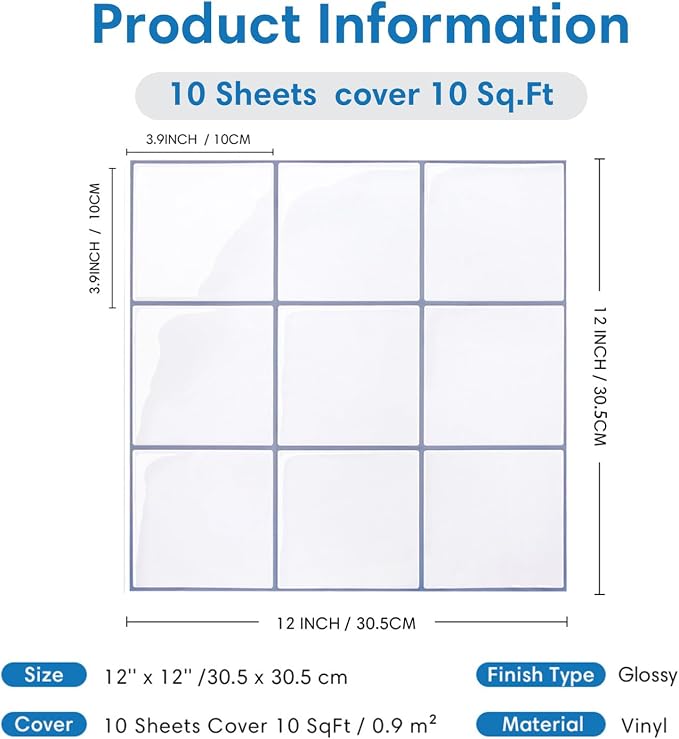 Thicker Peel and Stick 3D Backsplash Tiles Kitchen Bathroom | White, 10 Pcs 12" x 12", Glossy Self Adhesive Decorative Vinyl Backsplash Wall Sticker, Cover 10 sq ft，Removable，Waterproof