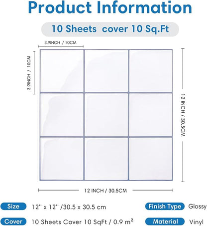 Thicker Peel and Stick 3D Backsplash Tiles Kitchen Bathroom | White, 10 Pcs 12" x 12", Glossy Self Adhesive Decorative Vinyl Backsplash Wall Sticker, Cover 10 sq ft，Removable，Waterproof
