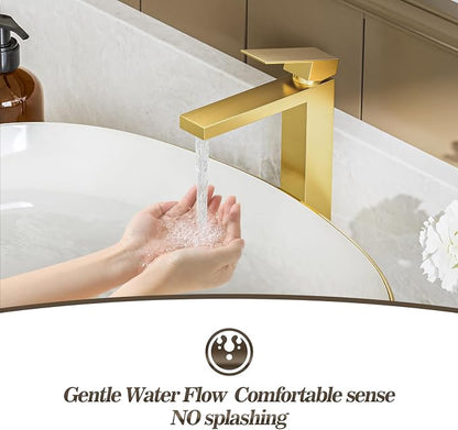 Brushed Gold Tall Bathroom Faucet Single Handle Vessel Sink Faucet Vanity Bathroom Faucet Above countertop Sink with Water Supply Hose and Pop Up Sink Drain,BF3530P-BG-V