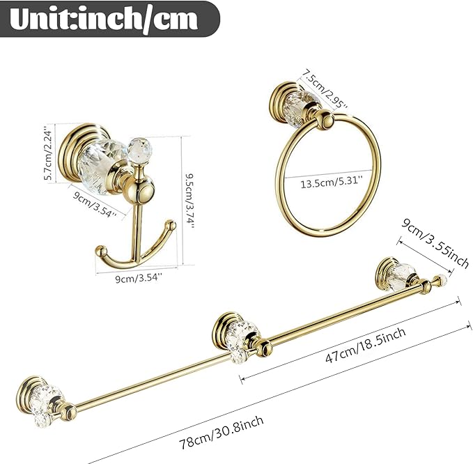 WINCASE Gold Bathroom Accessories, Adjustable Crystal Towel Bar Set, Golden Hardware Set Hand Towel Ring Racks Paper Holder Hook Wall Mounted