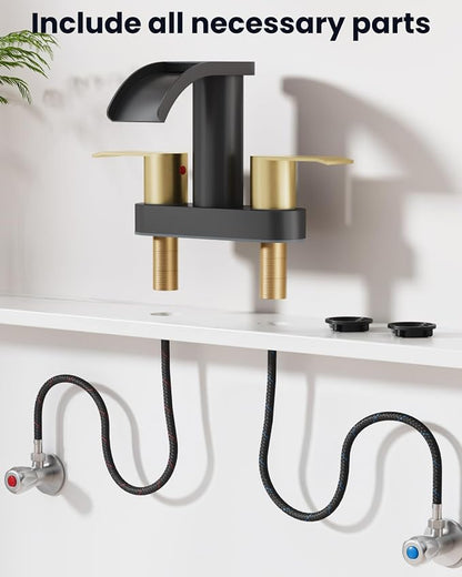 gotonovo 4’’ Centerset Bathroom Sink Faucet Waterfall Black&Brushed Gold | SUS304 Bathroom Faucet,2.17’’ Wide Spout,24’’ cUPC Water Line,Pop up Drain,2 Handle,Basin,Vanity,RV,Lavatory 2 or 3 Hole Sink