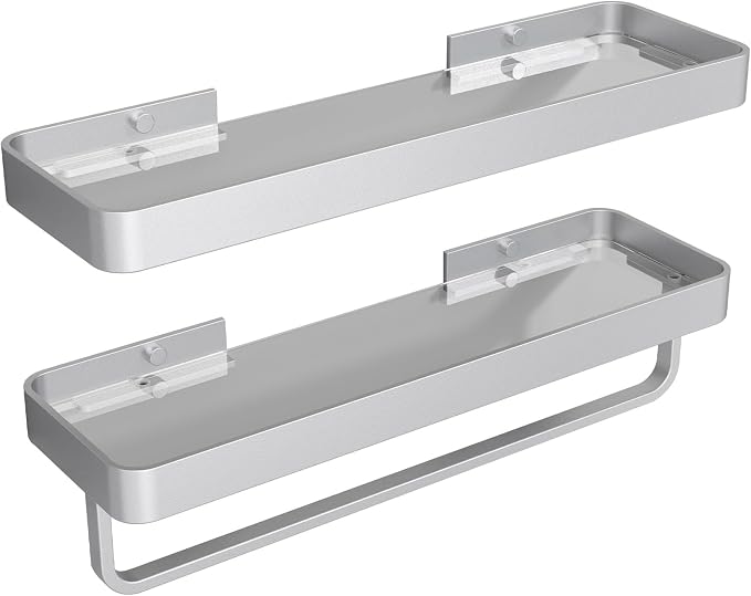 16-Inch Silver Floating Bathroom Shelves with Towel Bar, Clear Tempered Glass Wall Shelf 2-Pack – Versatile Bathroom Organizer Set
