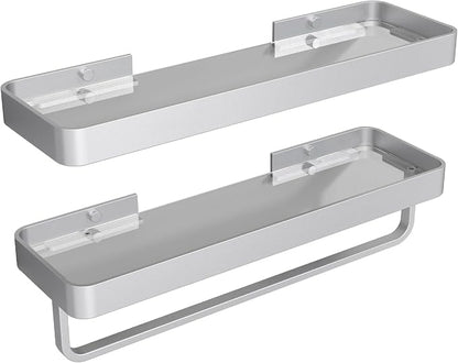 16-Inch Silver Floating Bathroom Shelves with Towel Bar, Clear Tempered Glass Wall Shelf 2-Pack – Versatile Bathroom Organizer Set