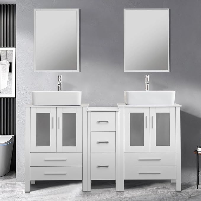 UEV 60" Double Sink Bathroom Vanity,White Bathroom Vanity with Double Side Vanity Cabinets & Removable 3 Drawer Storage Cabinet,Bathroom Vanity with Tempered Vessel Sink,Mirror Not Included(T03)