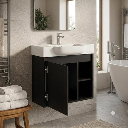 24" Bathroom Vanity with Sink, Wall-Mounted Cabinet, Dark Oak | Ceramic Sink, Soft-Close Door & 2 Open Storage Shelves, Modern Farmhouse Sink Cabinet, Easy to Clean for Small Bathroom