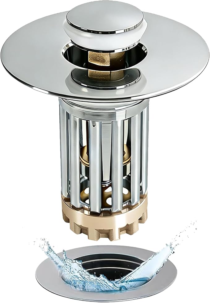 Anlige Bathroom Sink Drain Strainer, 3 in 1 Pop Up Bathroom Sink Stopper with Removable Brass Basket Hair Catcher, Universal Sink Plug for 1.06 to 1.6in Drain Hole, Chrome Silver