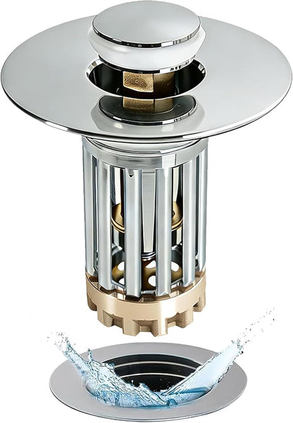 Anlige Bathroom Sink Drain Strainer, 3 in 1 Pop Up Bathroom Sink Stopper with Removable Brass Basket Hair Catcher, Universal Sink Plug for 1.06 to 1.6in Drain Hole, Chrome Silver