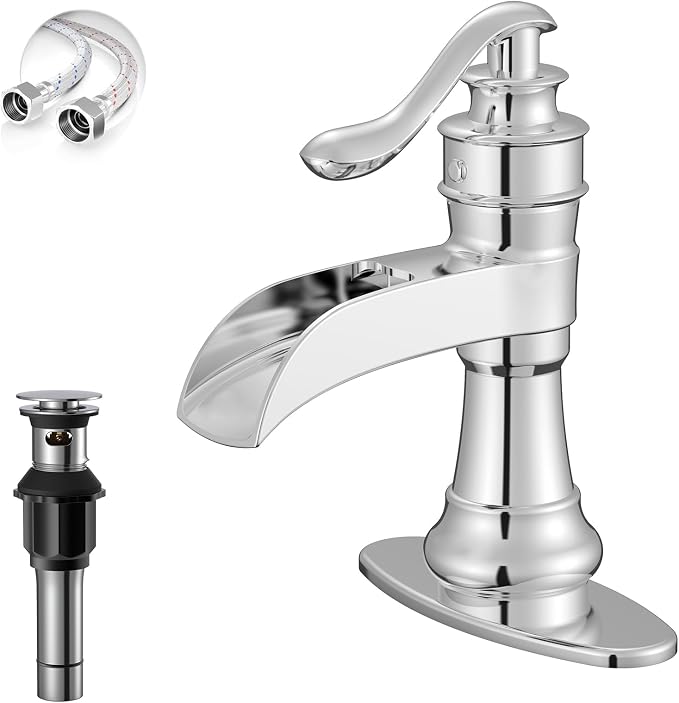 Bathroom Faucet Waterfall Chrome Single Handle Single Hole | Pop Up Drain,Easy to Clean,Stable Installation,Suitable for bathrooms, balconies and laundry room,Elegant Minimalist Style