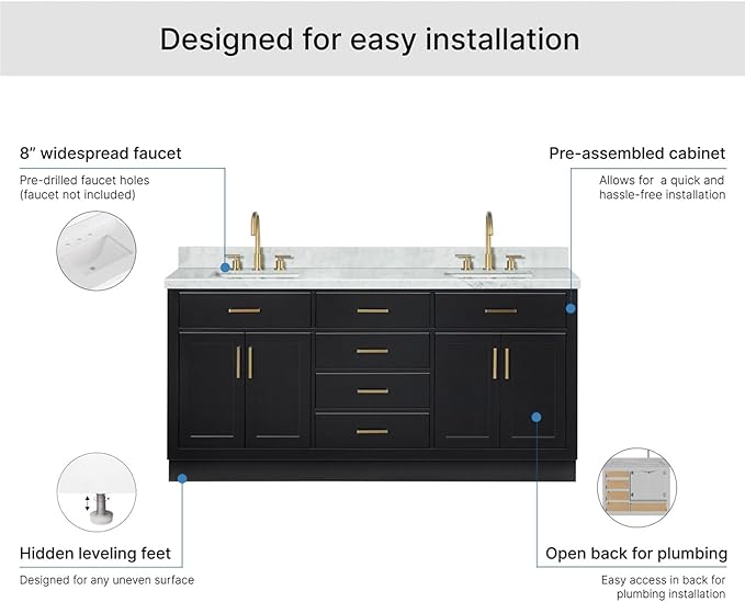 ARIEL Hepburn 72-inch Bathroom Vanity with Sink,Solid Wood, 1.5-inch Italian Carrara Marble Countertop, Double Rectangular Porcelain Sink, 4 Soft Closing Doors, 6 Dovetail Drawers, Black