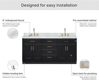 ARIEL Hepburn 72-inch Bathroom Vanity with Sink,Solid Wood, 1.5-inch Italian Carrara Marble Countertop, Double Rectangular Porcelain Sink, 4 Soft Closing Doors, 6 Dovetail Drawers, Black