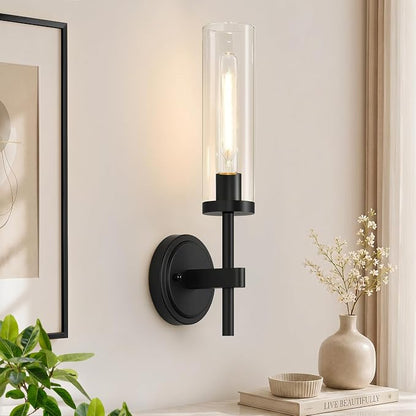 MOKATNG Hardwired Wall Sconces, Matte Black Bathroom Sconces with Clear Glass, Modern Wall Light Fixtures for Bathroom Mirror Vanity, Living Room, Bedroom, Hallway, Stairway, Cabinet, Foyer
