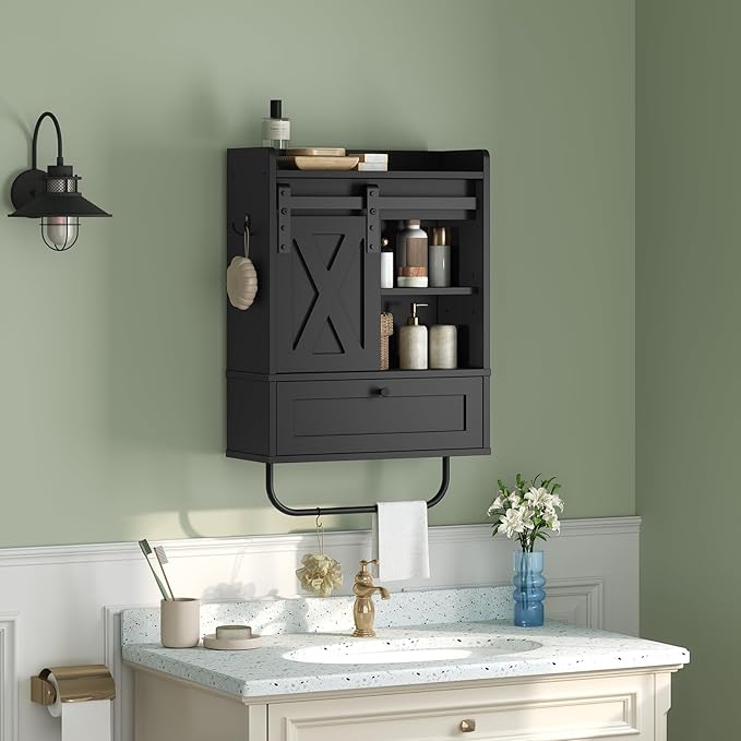 Bathroom Wall Cabinet, Farmhouse Medicine Cabinets with Sliding Door, Wall Mounted Storage Cabinet with Adjustable Shelf and Towel Bar, for Bathroom, Living Room, Kitchen, Black