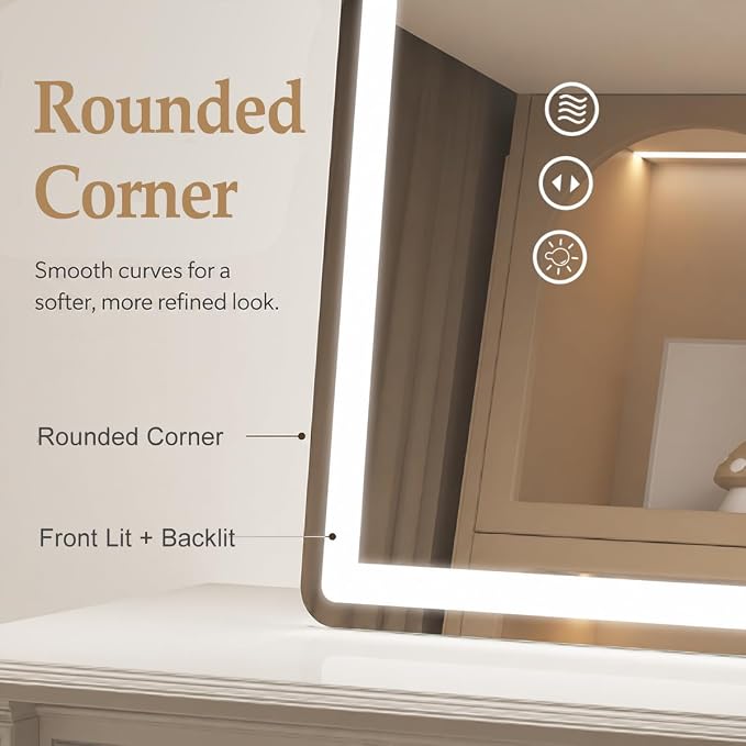 24x32 LED Lighted Bathroom Mirror for Vanity | Front Lights and Backlit, Rounded-Corner Rectangle, 3 Colors, Dimmable, Anti-Fog, Memory, Tempered Glass, UL