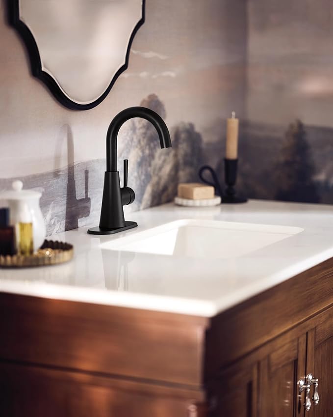 Moen Ronan Matte Black One-Handle Single Hole Modern Bathroom Sink Faucet with Optional Deckplate and Spring Loaded Drain Assembly, 84021BL