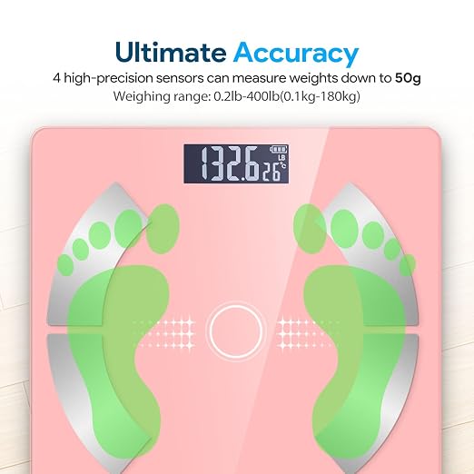 Digital Smart Scale for Body Weight and Body Composition – BMI, Body Fat, Muscle Mass Reading, Bluetooth Sync with Compatible Apps, Personal Use at Home【Pink】