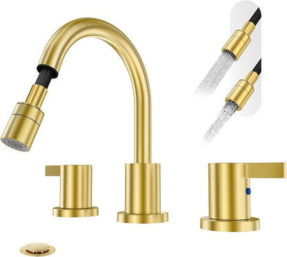 Pull Down Sprayer Brushed Gold 8 Inch Bathroom Sink Faucet, 2 Handles 3 Hole Widespread Pull Out Bathroom Faucet，with Pop Up Drain and Water Supply Line,BF04022-K01-BG